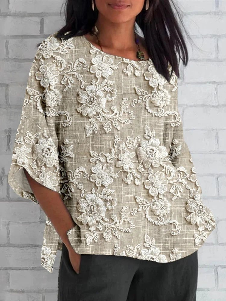 Women's Vintage Floral Embroidered Relaxed-Fit Blouse - Khaki