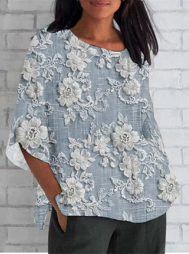 Women's Vintage Floral Embroidered Relaxed-Fit Blouse - Blue