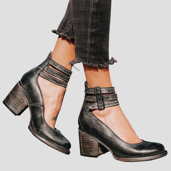 Women's Vintage-Style Block-Heel Ankle Strap Pumps - Black