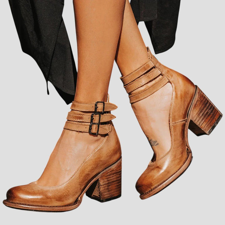 Women's Vintage-Style Block-Heel Ankle Strap Pumps - Brown