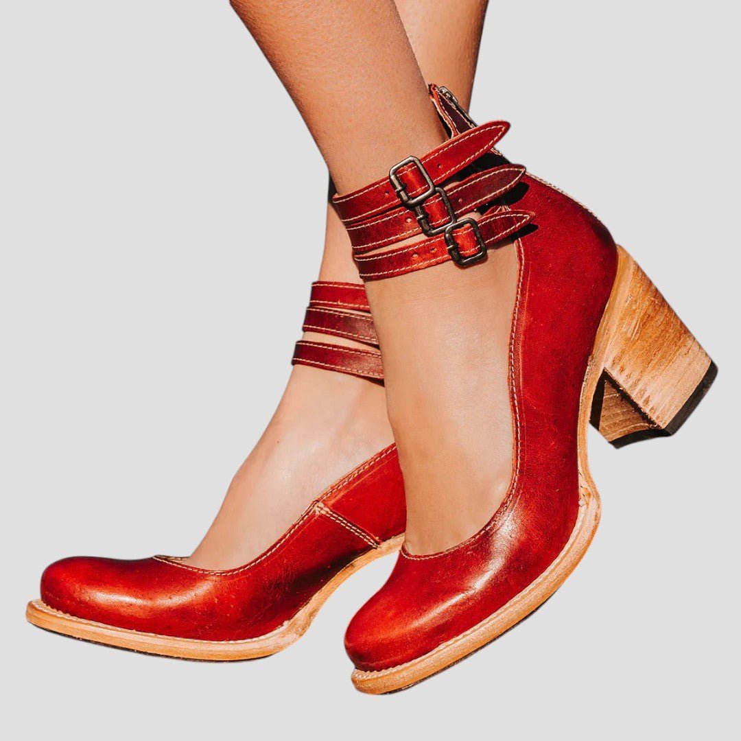 Women's Vintage-Style Block-Heel Ankle Strap Pumps - Red