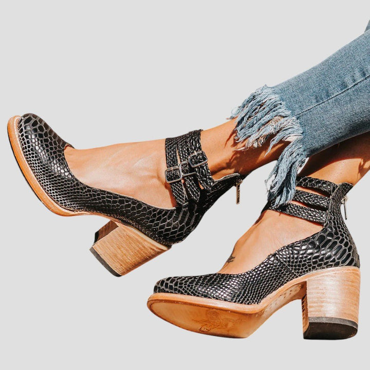 Women's Vintage-Style Block-Heel Ankle Strap Pumps - Black Snake