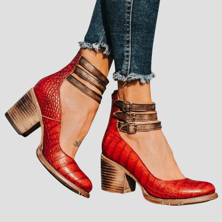 Women's Vintage-Style Block-Heel Ankle Strap Pumps - Red Snake