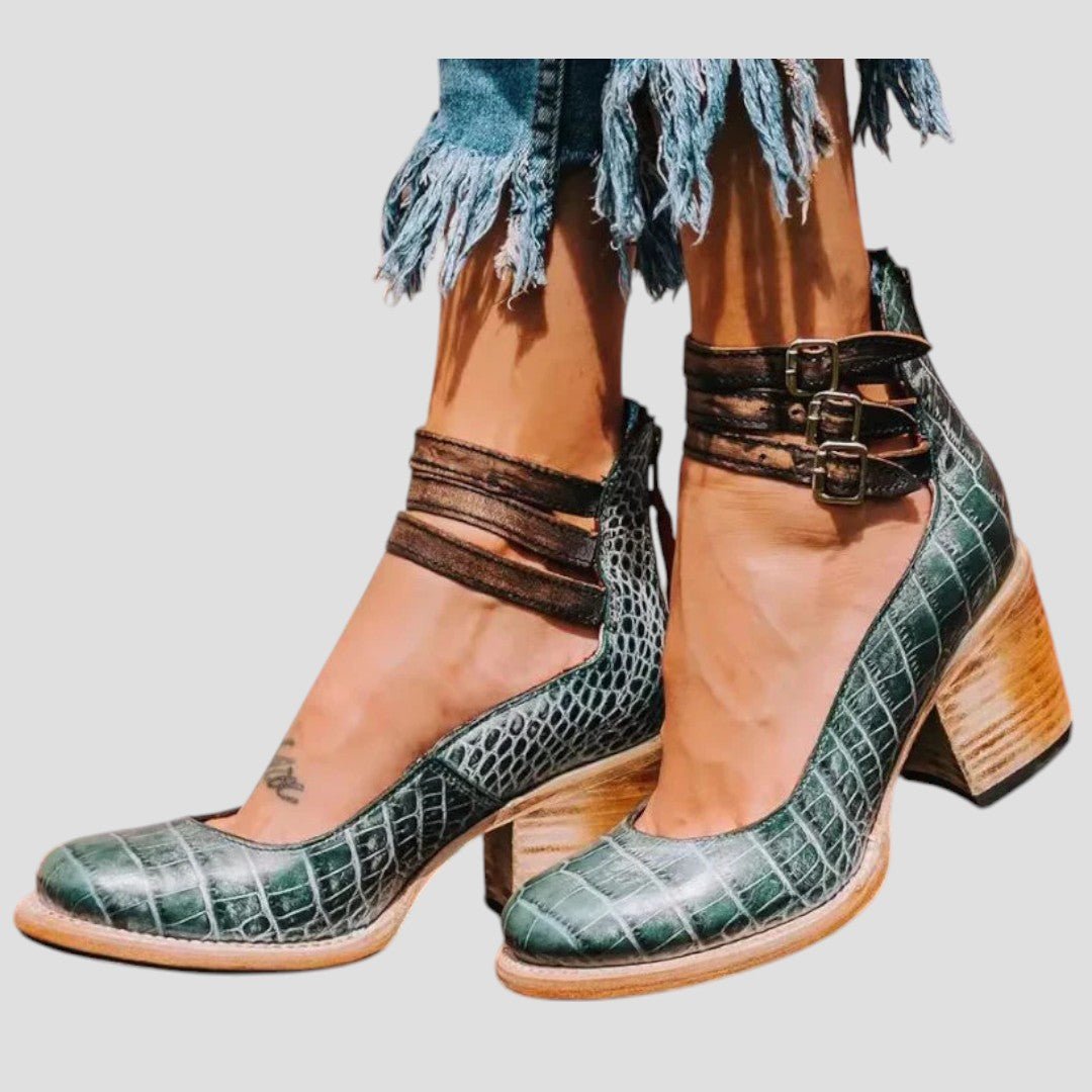 Women's Vintage-Style Block-Heel Ankle Strap Pumps - Green Snake