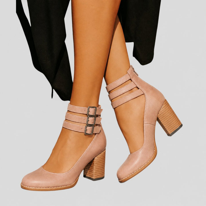 Women's Vintage-Style Block-Heel Ankle Strap Pumps - Cream