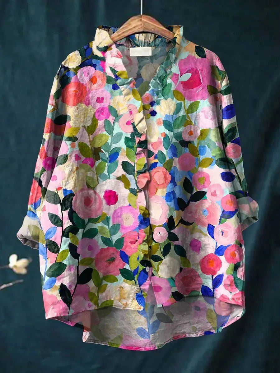 Women's Watercolor Floral Linen-Cotton Relaxed-Fit Ruffle Neck Blouse