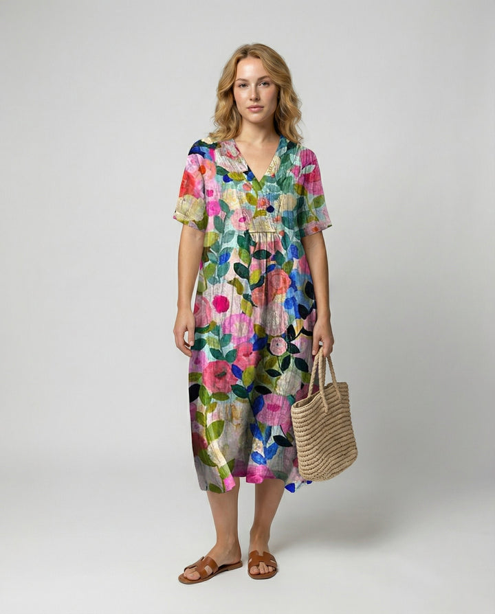Women's Watercolor Floral Linen V-Neck Midi Dress - Colourful Floral