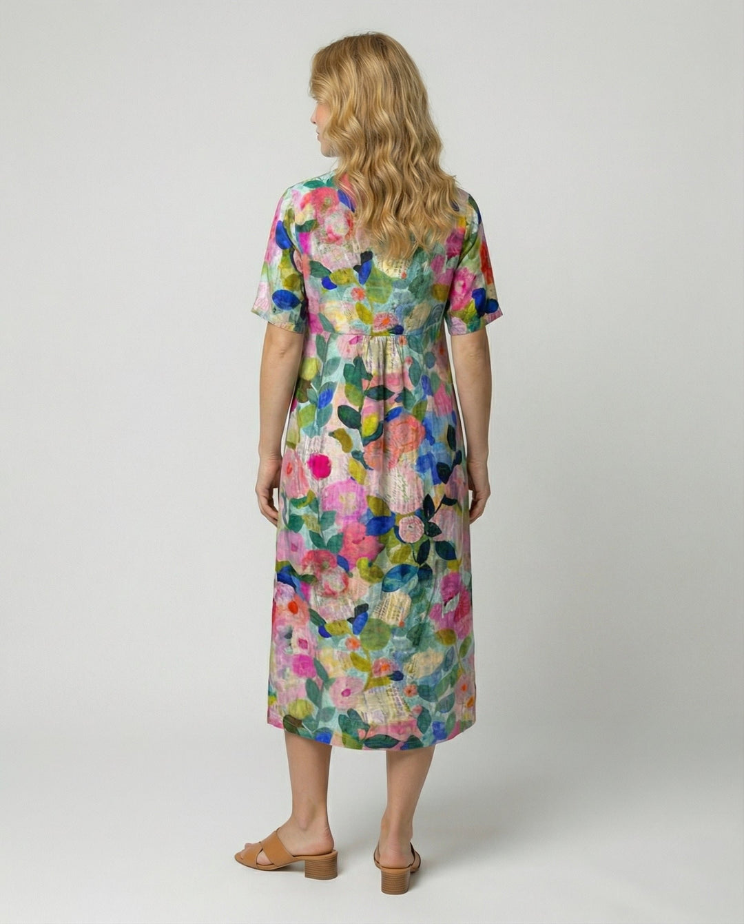 Women's Watercolor Floral Linen V-Neck Midi Dress