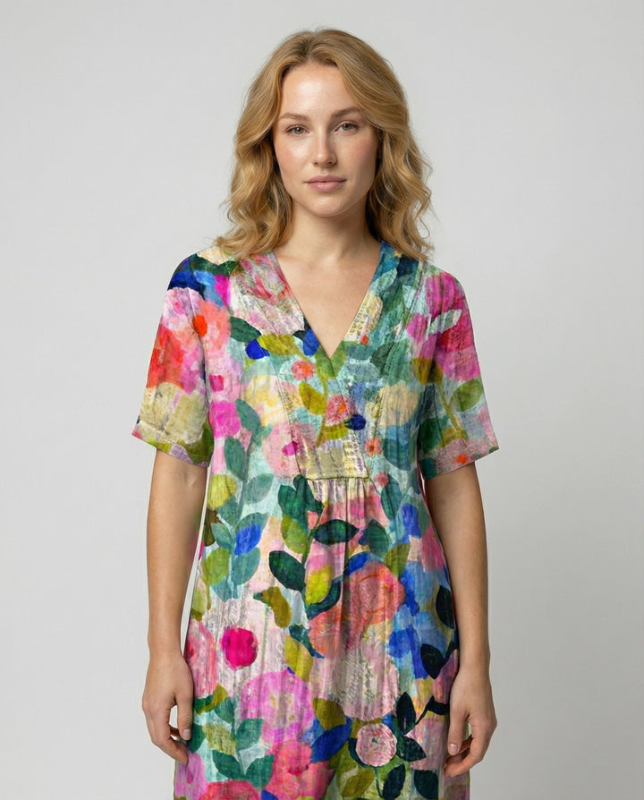 Women's Watercolor Floral Linen V-Neck Midi Dress
