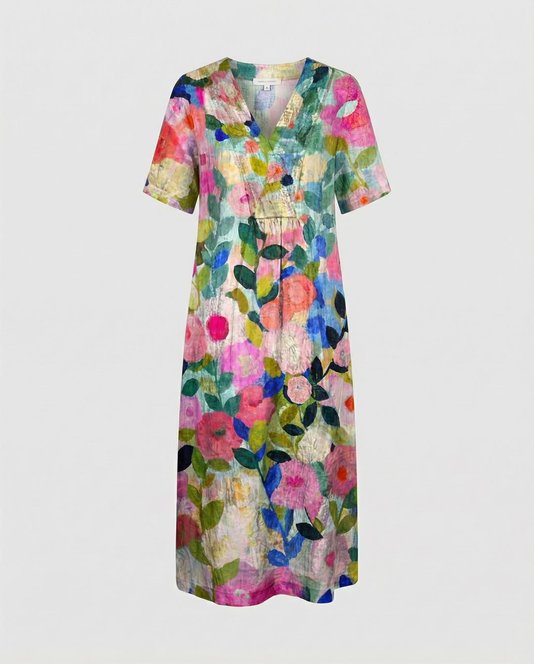 Women's Watercolor Floral Linen V-Neck Midi Dress