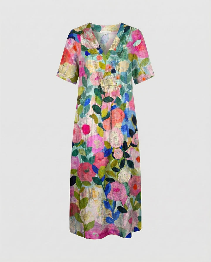 Women's Watercolor Floral Linen V-Neck Midi Dress