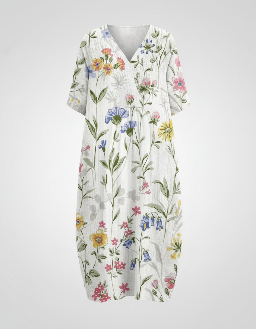 Women's Watercolor Floral Linen V-Neck Midi Dress - White