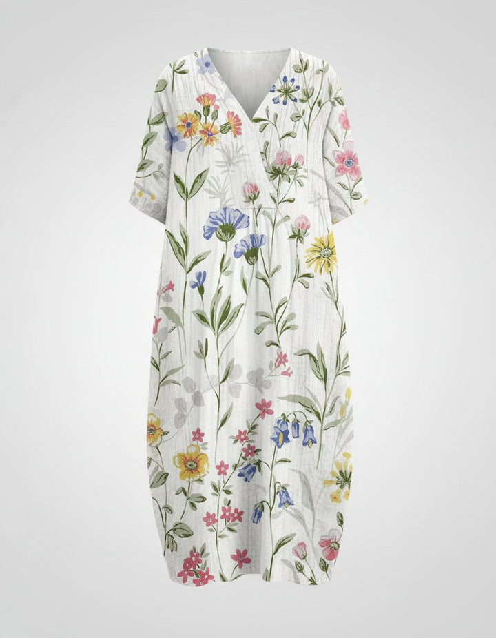 Women's Watercolor Floral Linen V-Neck Midi Dress - White
