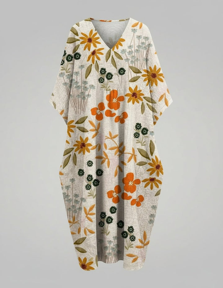 Women's Watercolor Floral Linen V-Neck Midi Dress - Beige