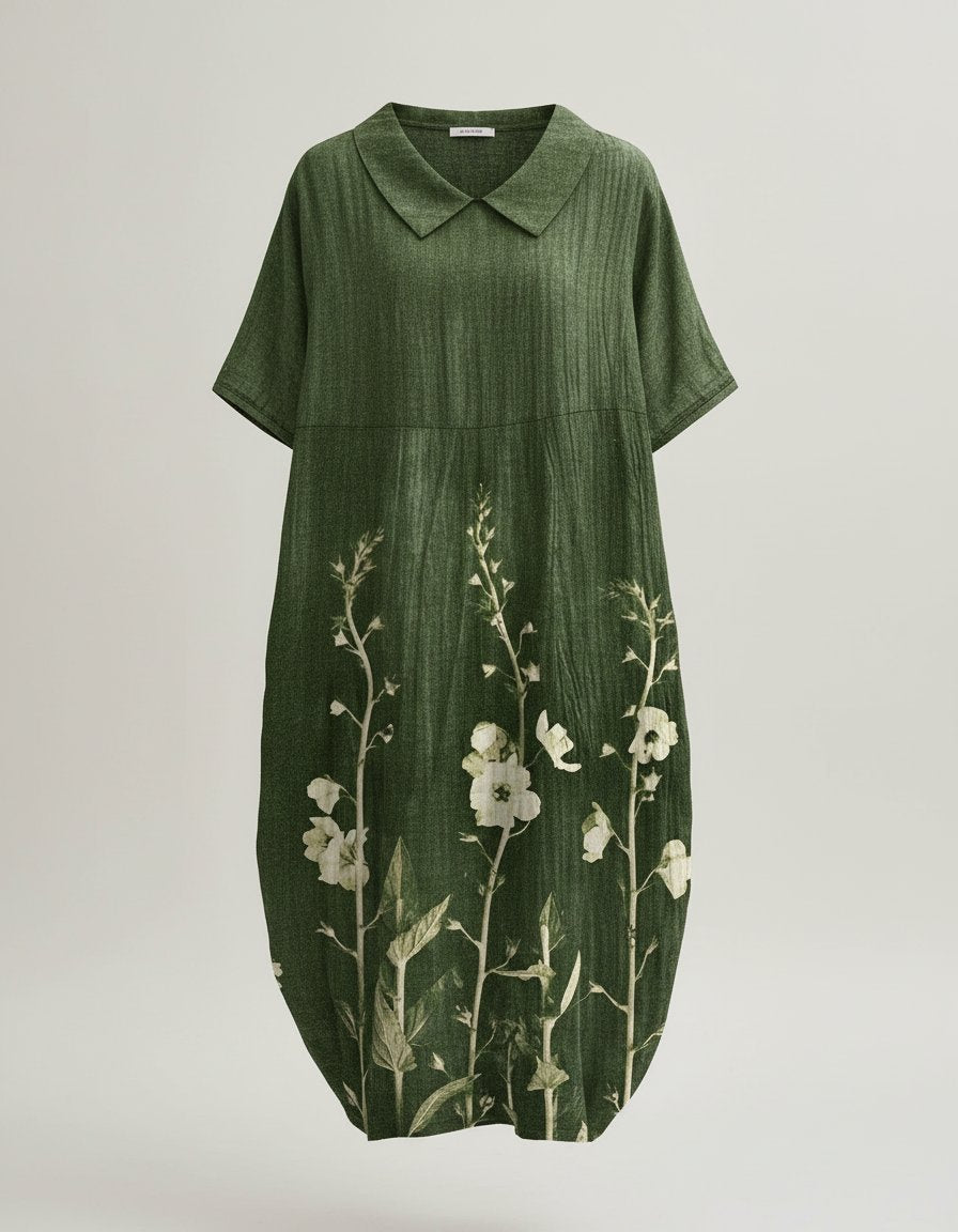 Women's Watercolor Floral Linen V-Neck Midi Dress - Green