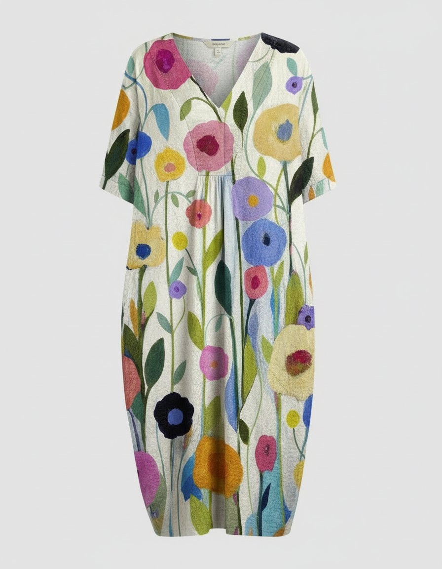 Women's Watercolor Floral Linen V-Neck Midi Dress - Colourful Big Flower
