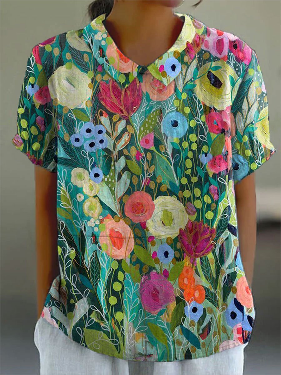 Women's Watercolor Floral Short Sleeve V-Neck Blouse - Multicolor