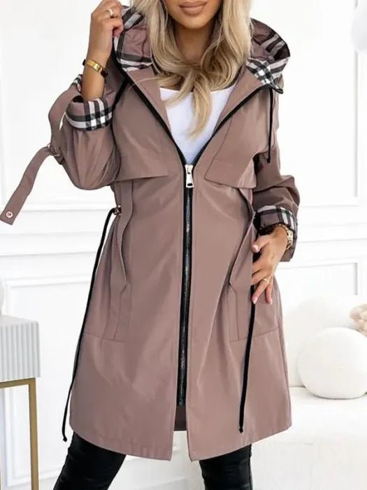 Women's Waterproof Windproof Hooded Long Zip Coat - Brown