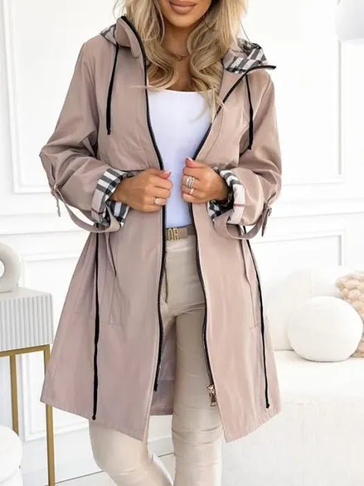 Women's Waterproof Windproof Hooded Long Zip Coat - Beige