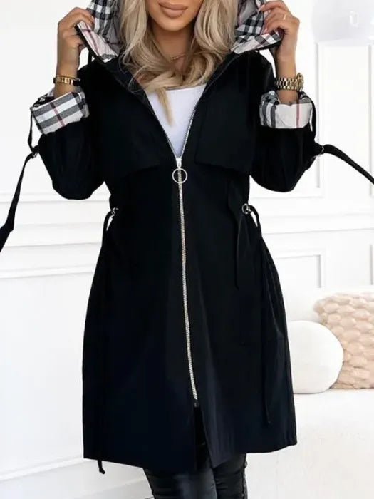 Women's Waterproof Windproof Hooded Long Zip Coat - Black