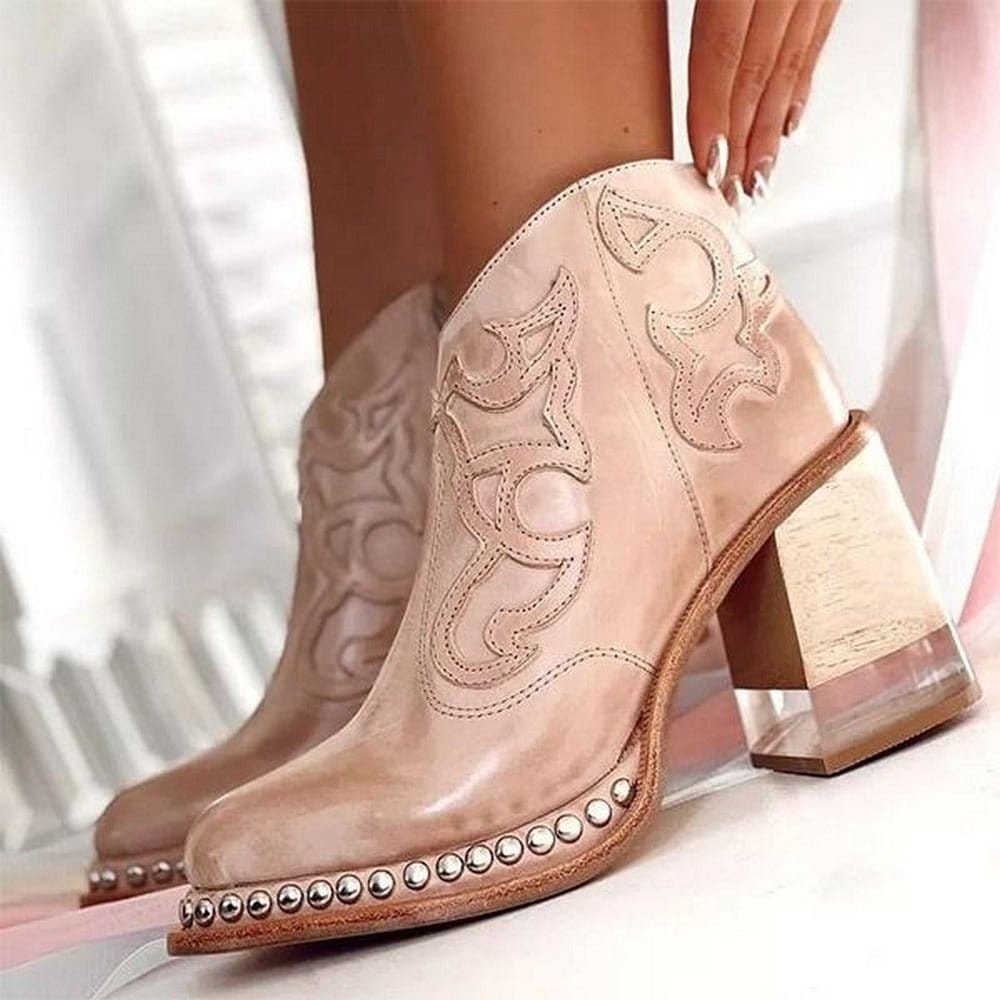 Women's Western Embroidered Block-Heel Ankle Boots - Dune Pink