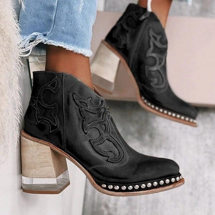 Women's Western Embroidered Block-Heel Ankle Boots - Santafe Black