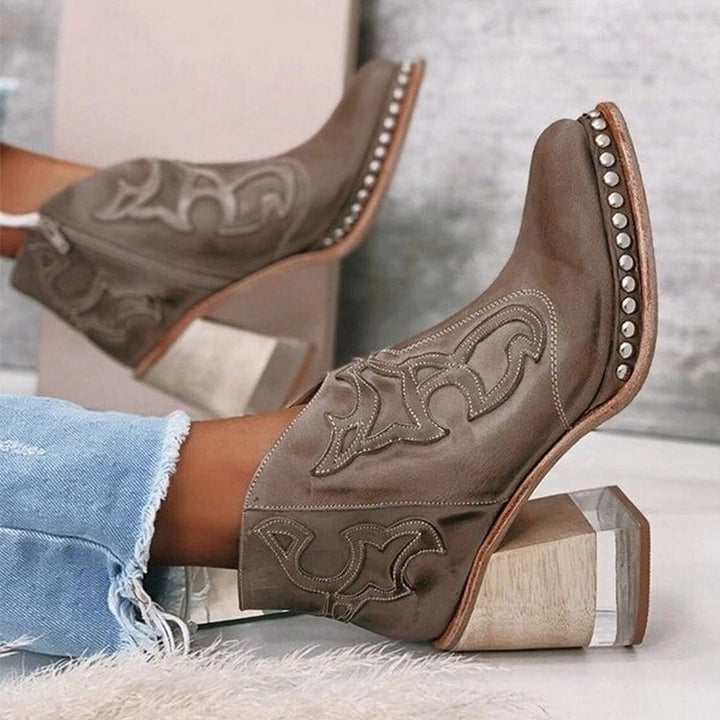 Women's Western Embroidered Block-Heel Ankle Boots - Texan Brown