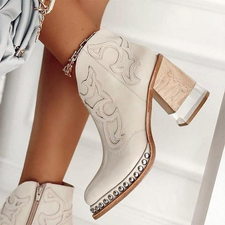 Women's Western Embroidered Block-Heel Ankle Boots - Vegas White