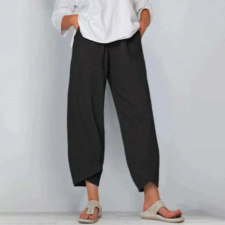 Women's Wide-Leg Linen Cross-Hem Lantern Pants - Black