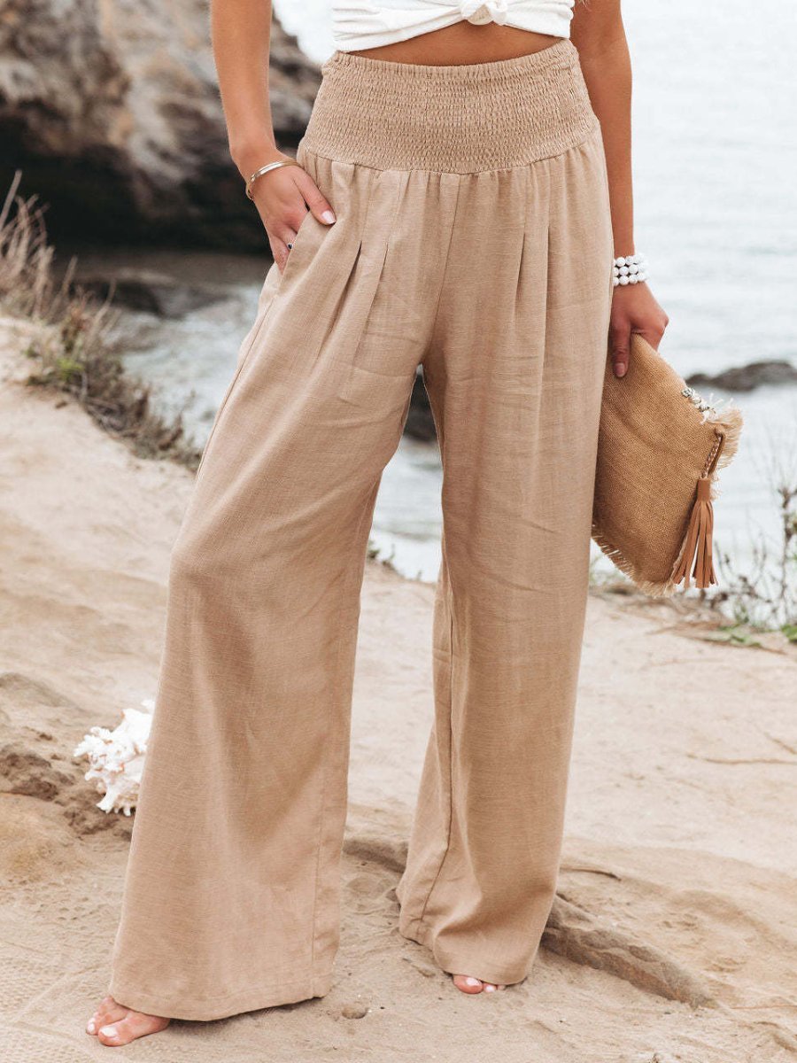 Women's Wide-Leg Linen Smocked-Waist Pants - Beige
