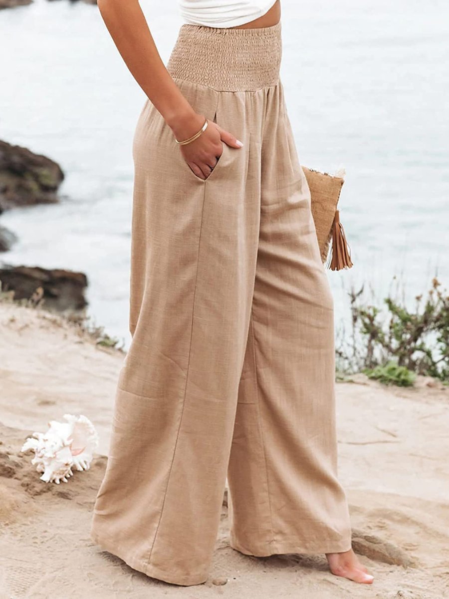 Women's Wide-Leg Linen Smocked-Waist Pants