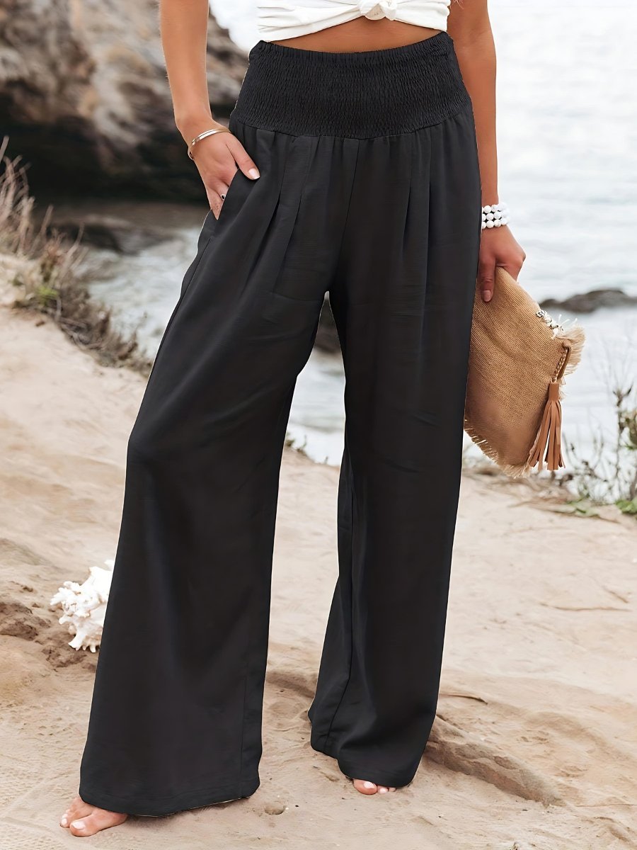 Women's Wide-Leg Linen Smocked-Waist Pants - Black