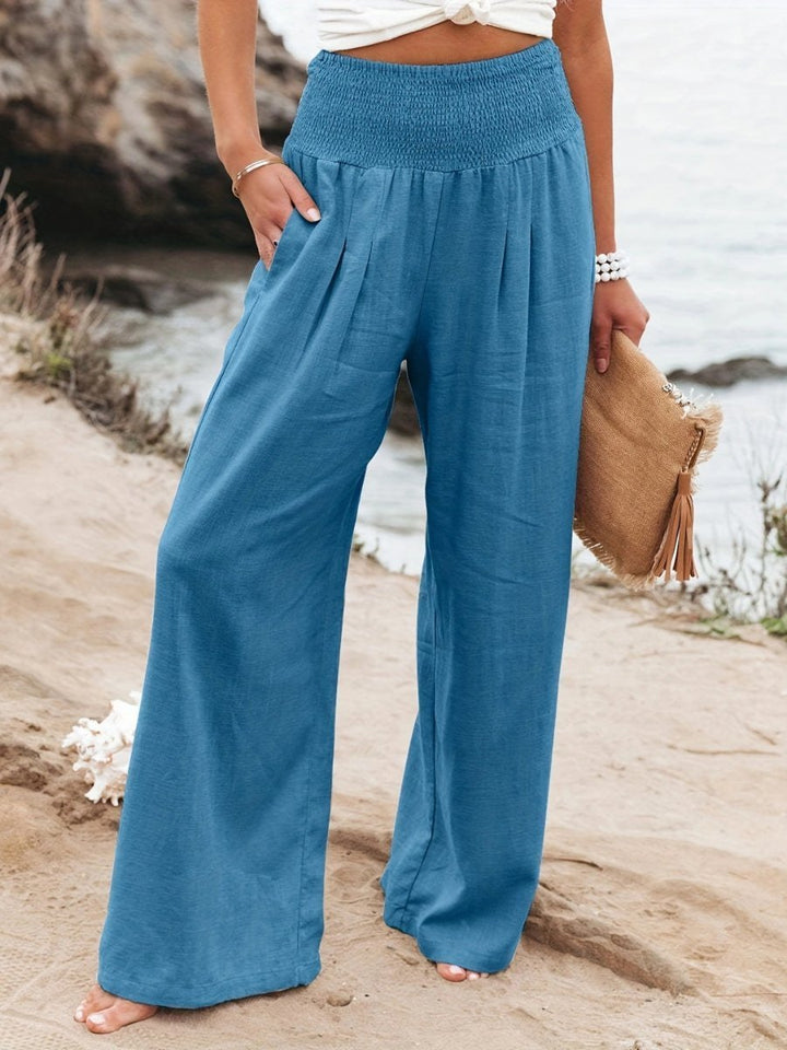 Women's Wide-Leg Linen Smocked-Waist Pants - Blue