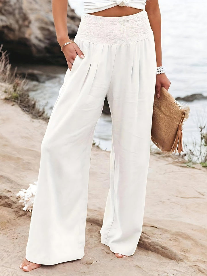 Women's Wide-Leg Linen Smocked-Waist Pants - White