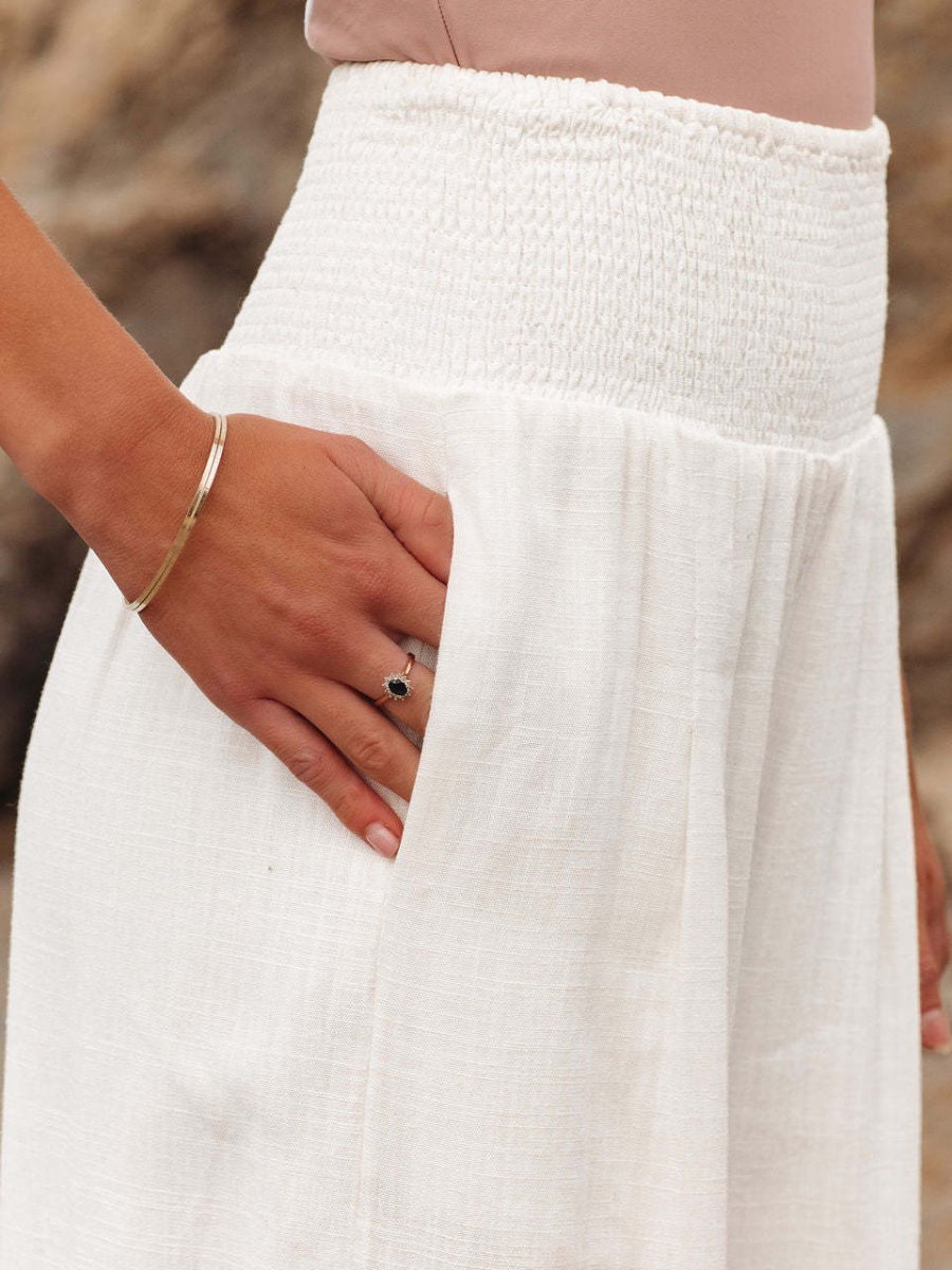Women's Wide-Leg Linen Smocked-Waist Pants