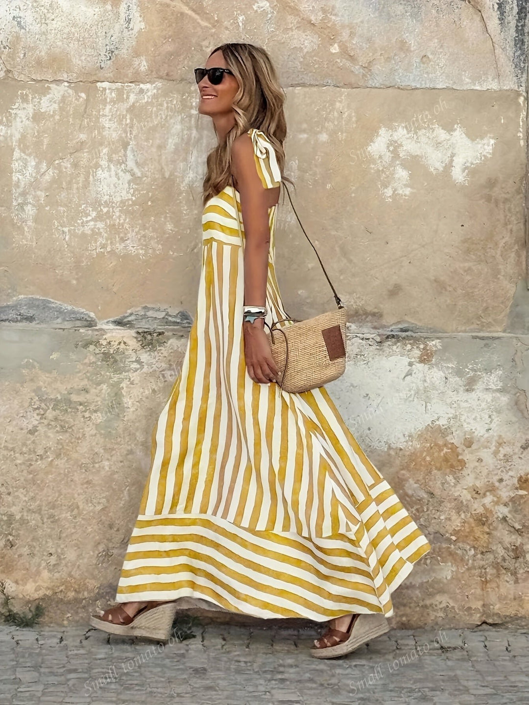 Women's Wide-Stripe Tie-Strap Full-Skirt Maxi Dress