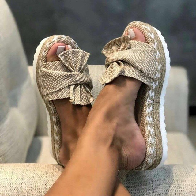 Women's Woven Bow Platform Wedge Sandals - Beige