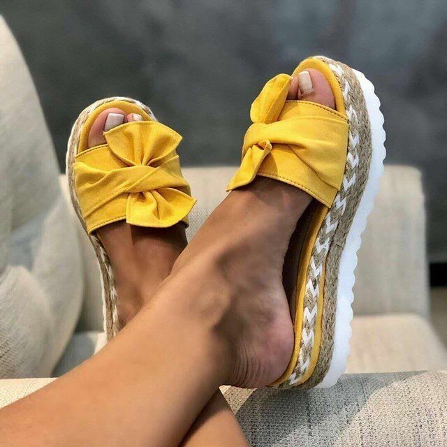 Women's Woven Bow Platform Wedge Sandals - Yellow