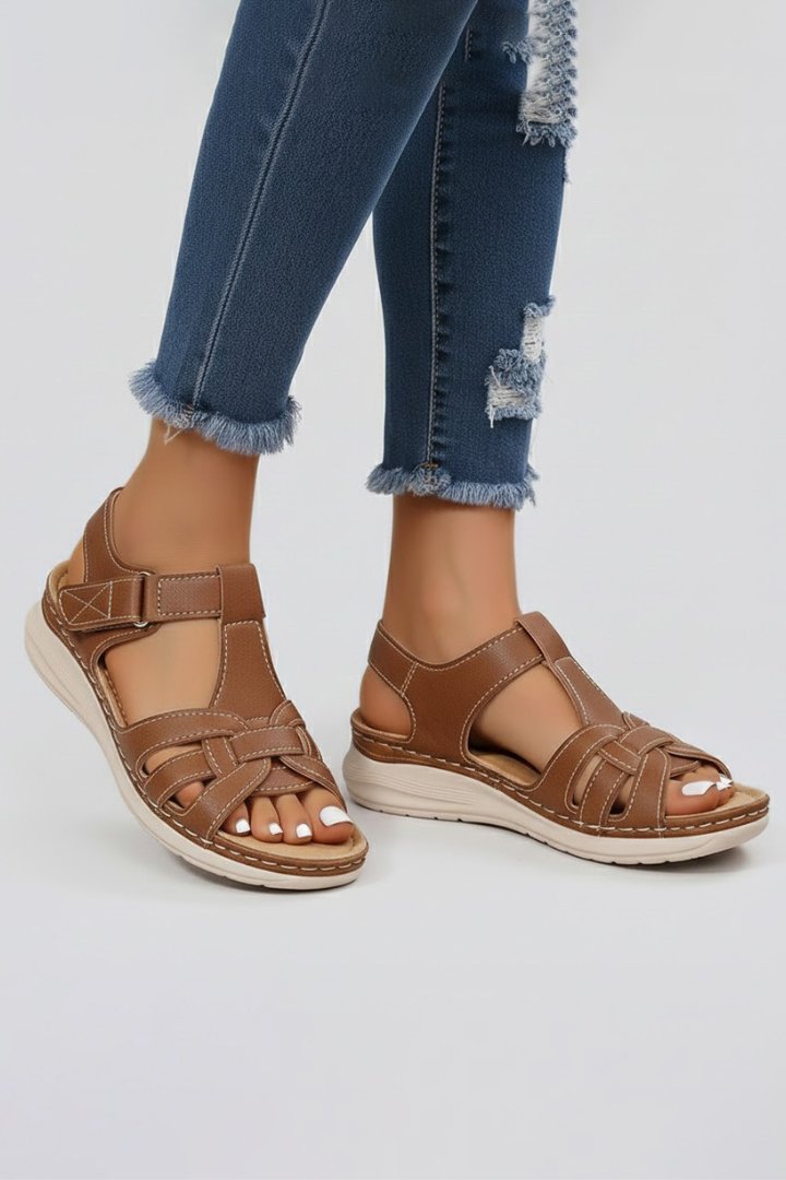 Women's Woven Strap Flat Open-Toe Sandals Velcro Closure