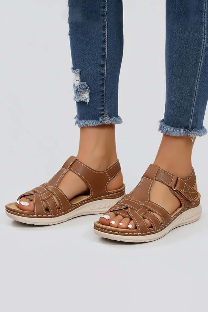 Women's Woven Strap Flat Open-Toe Sandals Velcro Closure