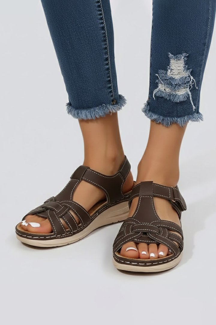 Women's Woven Strap Flat Open-Toe Sandals Velcro Closure - Dark Brown