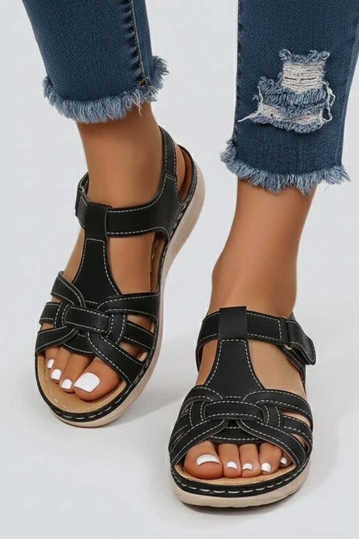 Women's Woven Strap Flat Open-Toe Sandals Velcro Closure - Black
