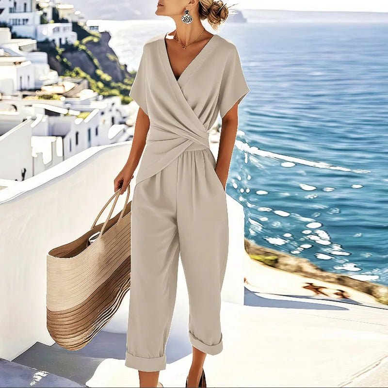 Women's Wrap Front Cropped Wide-Leg Two-Piece Set - Apricot