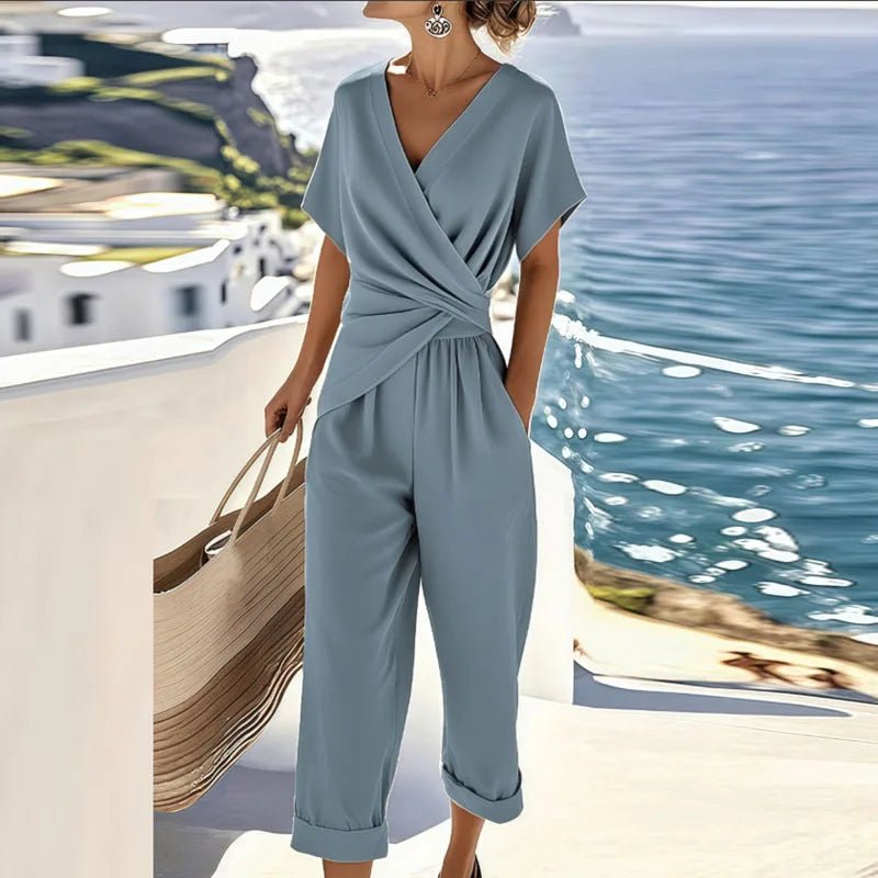 Women's Wrap Front Cropped Wide-Leg Two-Piece Set - Blue