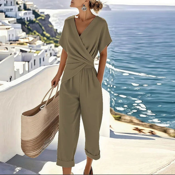 Women's Wrap Front Cropped Wide-Leg Two-Piece Set - Khaki